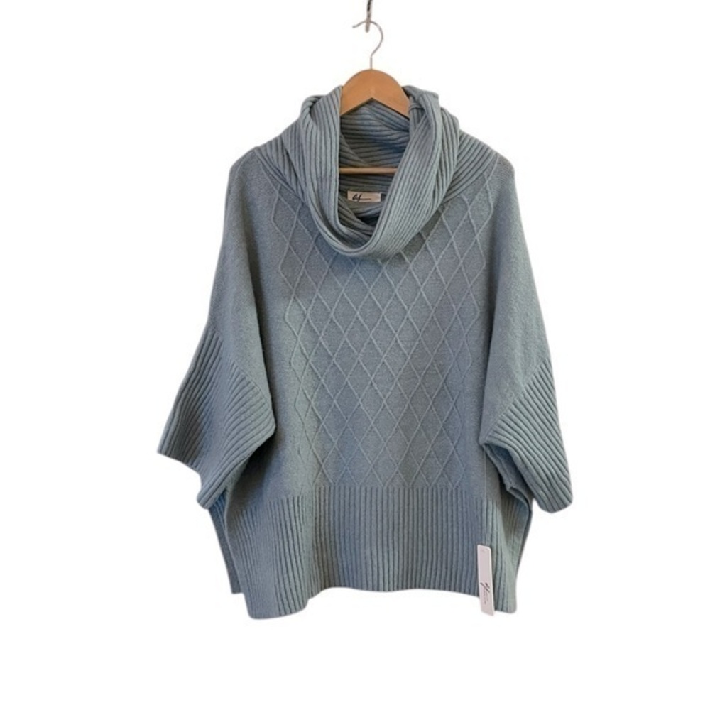 NWT Andrea Jovine Oversized Aqua Cowl Neck Oversized Diamond Knit Sweater